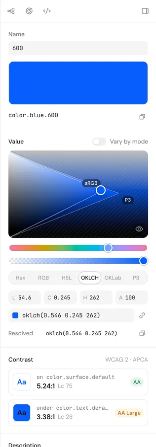 Color picker for color.blue.600 in the inspector, with an OKLCH area showing the sRGB and P3 gamut edges, hue and alpha sliders and channel fields