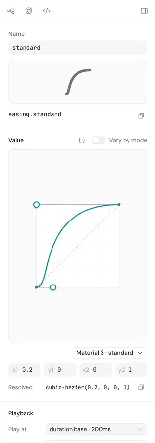 Cubic-bezier editor for easing.standard in the inspector, with draggable handles and the curve’s four values