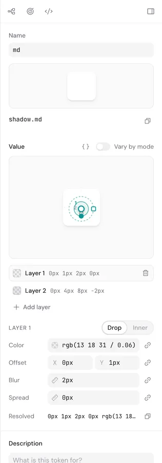 Shadow editor for shadow.md in the inspector, with a canvas for dragging the offset and a list of its two layers