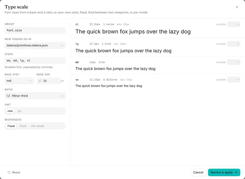 Type scale dialog with a base size, a minor third ratio and a preview of each step from sm to xl