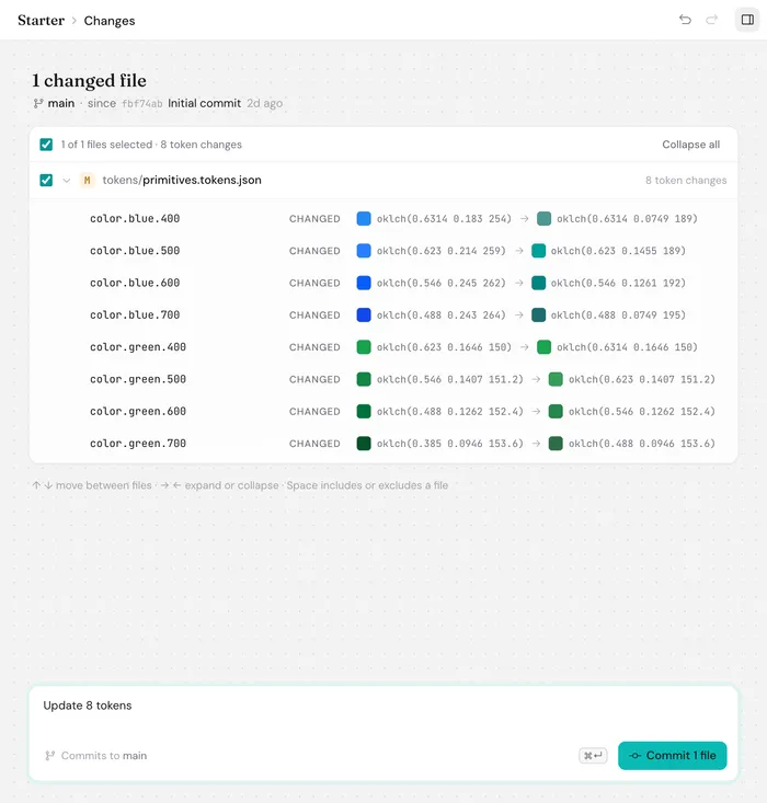 Changes view with a token-level diff of primitives.tokens.json and a commit box