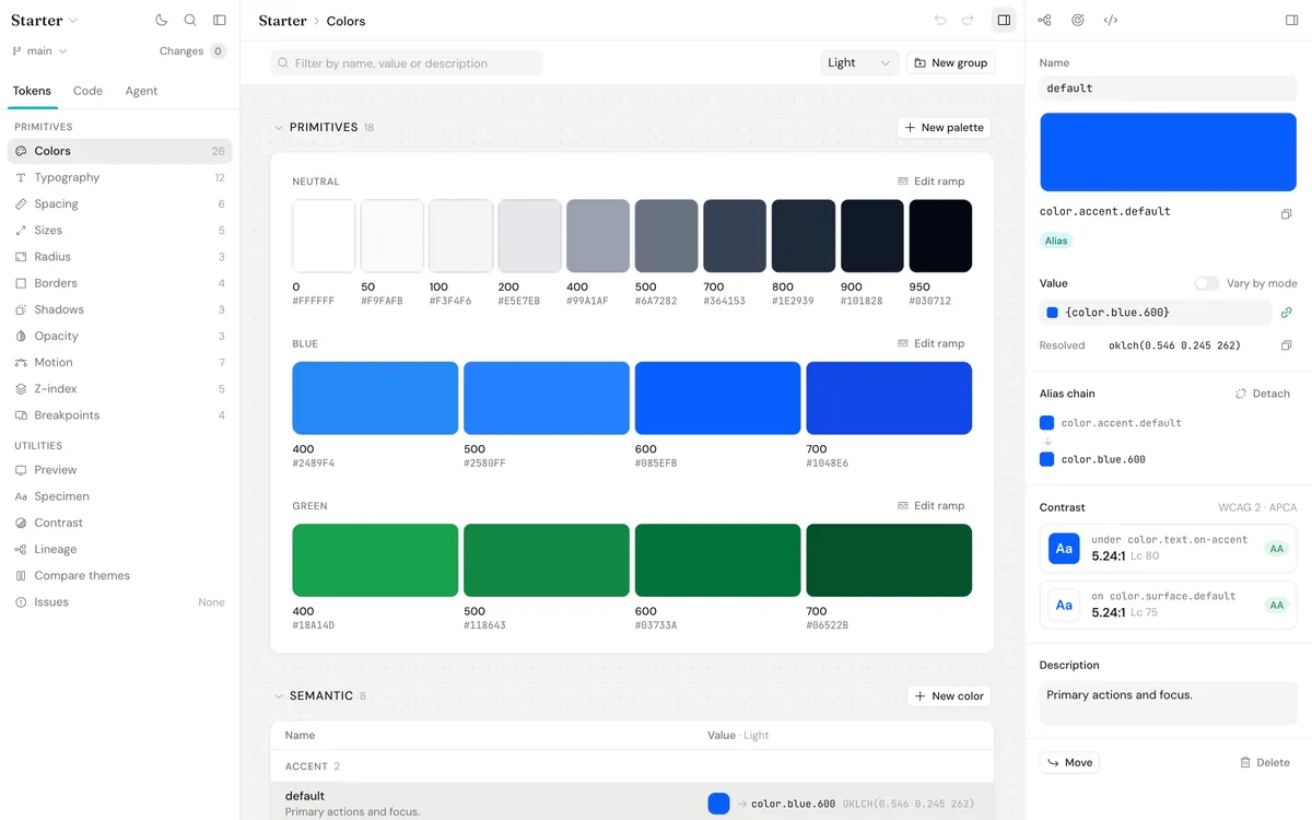 Bazzle’s Colors view with neutral, blue and green ramps, and the inspector open on color.accent.default showing its alias chain and contrast scores