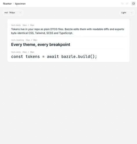 Specimen view rendering the body, heading and code text styles at the md breakpoint